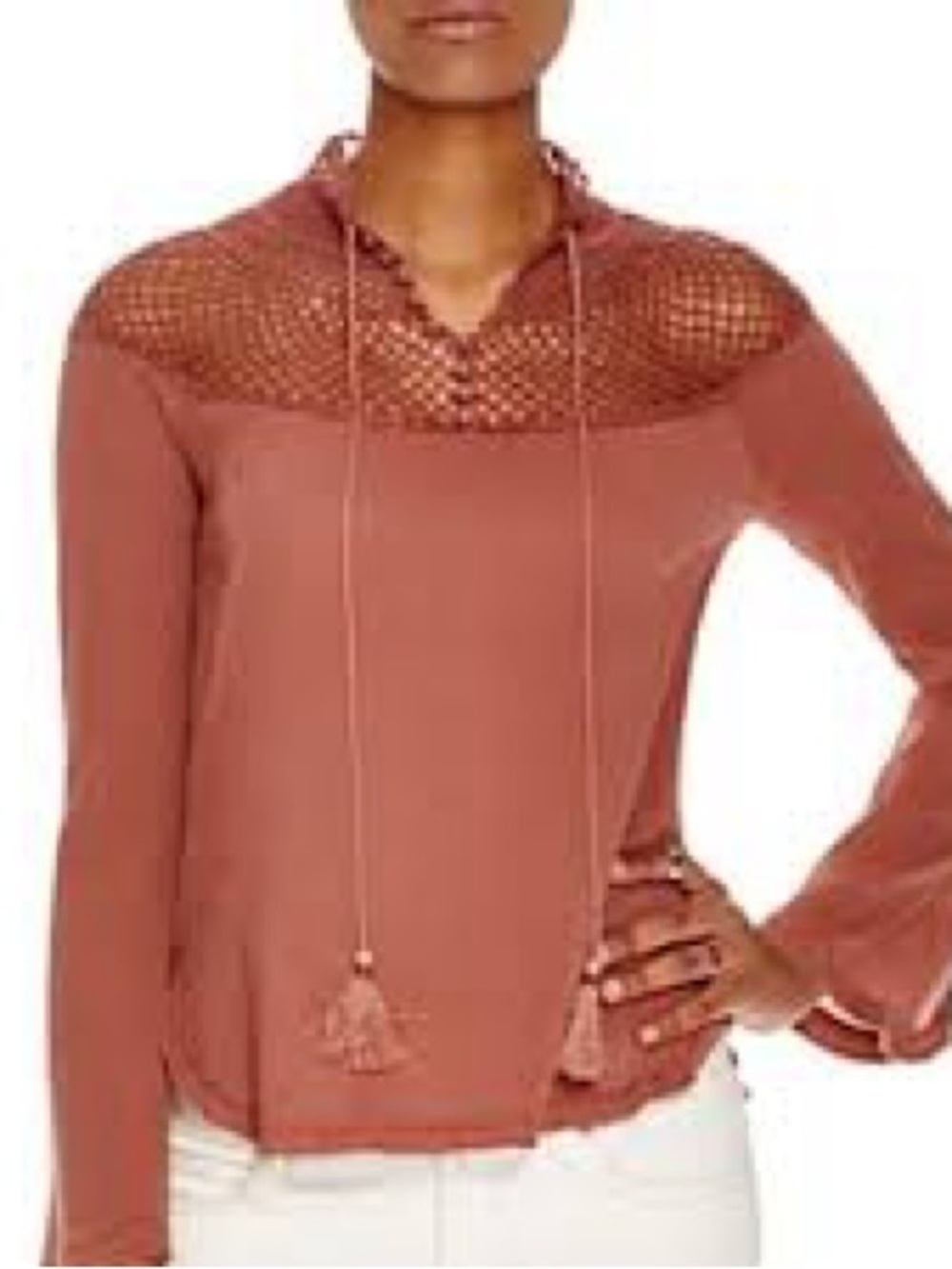 Free People on the island Mauve Crochet Yoke Tassel Tie Blouse